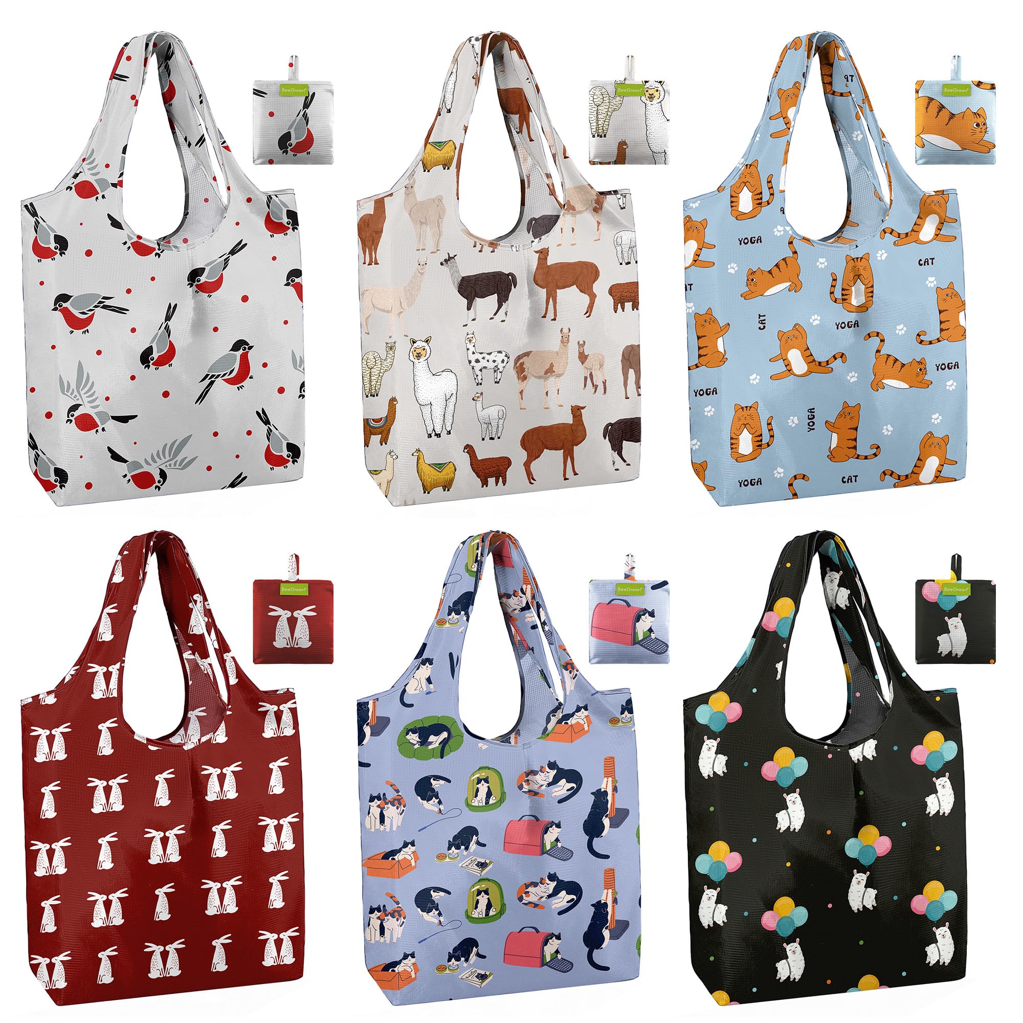 BeeGreen Christmas Reusable Gift Bags,6 Pack Large Holiday Tote Foldable Cloth Bag for Women, Cute Grocery Storage for Xmas Gifts Market Shopping, Washable Collapsible Reusable Bags with Handles